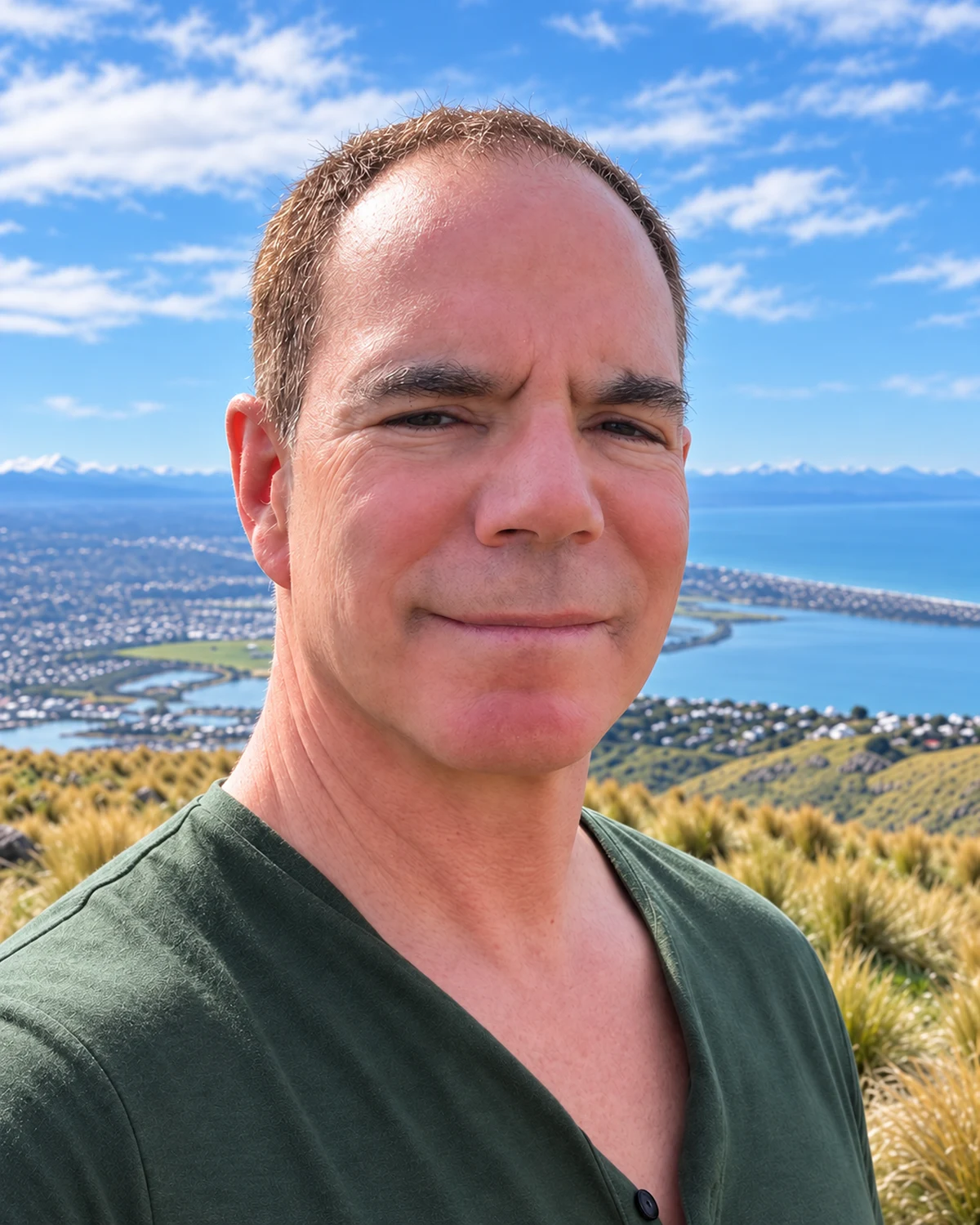 Rob Sarison outdoors on a hillside overlooking the coast